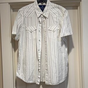 American eagle White blue gray Striped Short Sleeve Shirt